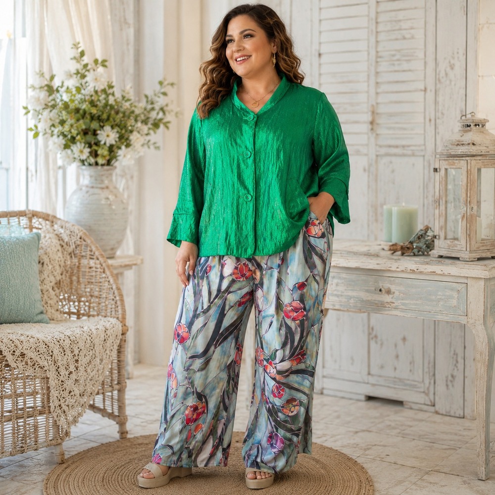 44. Ruby Rd Emerald Green Top 18 & Floral Wide Leg Pants XXL Set Tropical Chic